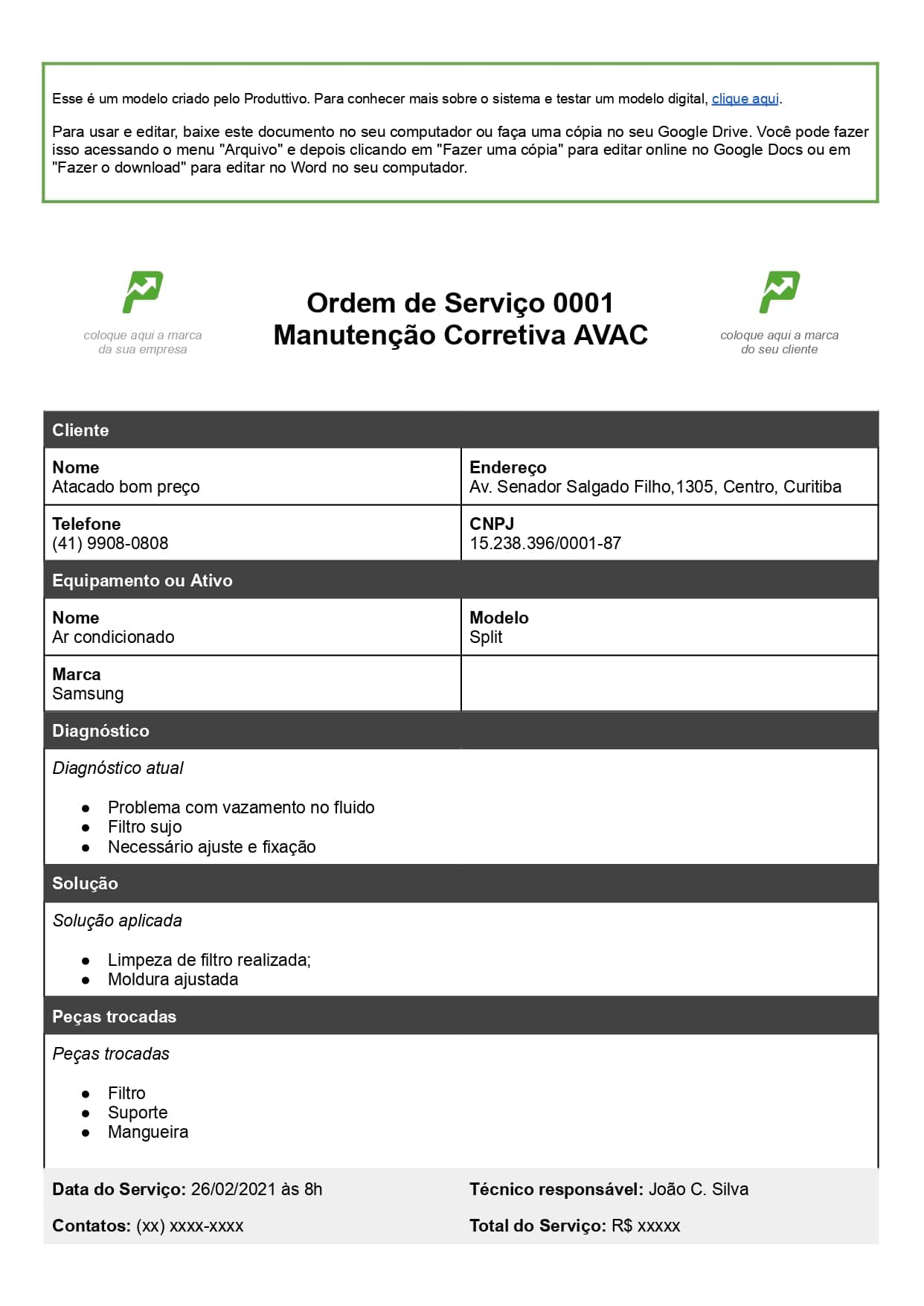 Ordem de serviço de manutenção de refrigeração em Word para baixar de graça 01