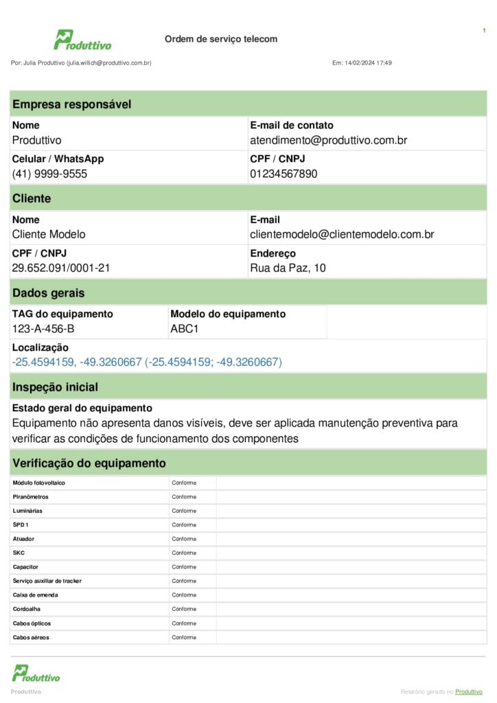 Ordem de serviço telecom feita no sistema do Produttivo, página 01