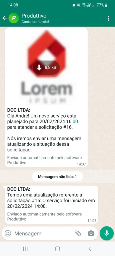 Exemplo de como funciona a notificação de clientes no WhatsApp no Produttivo 01