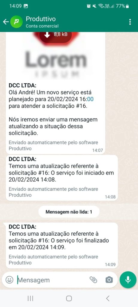 Exemplo de como funciona a notificação de clientes no WhatsApp no Produttivo 02