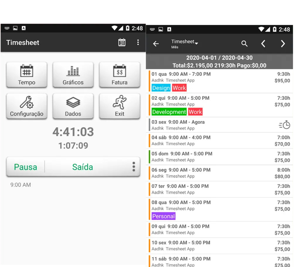 Exemplo de como funciona o aplicativo de serviços Timesheet