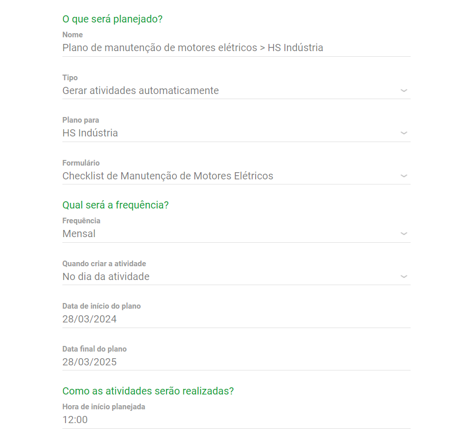 plano de manutenção de motores elétricos automático e digital feito no Produttivo