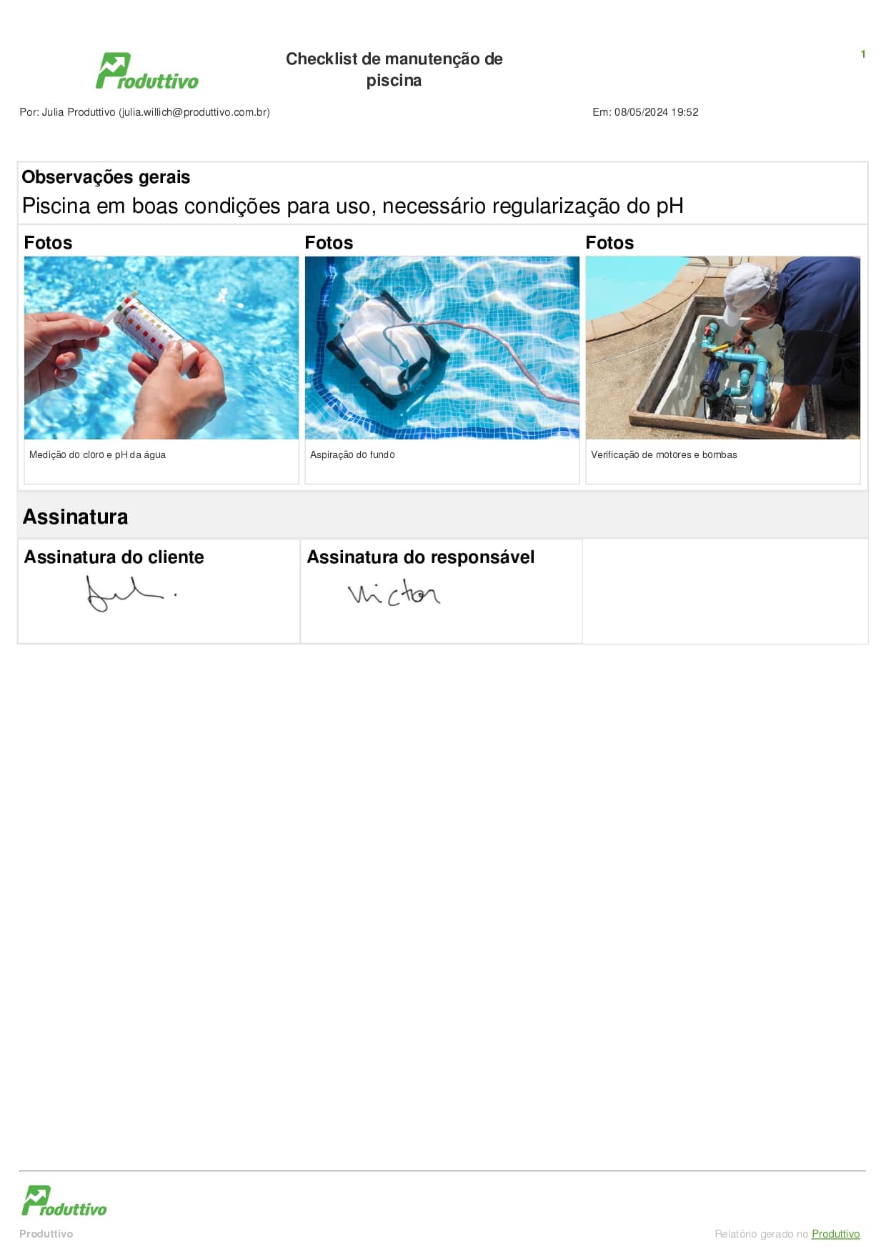 Modelo de checklist digital para manutenção de piscina com campos de imagens e assinatura
