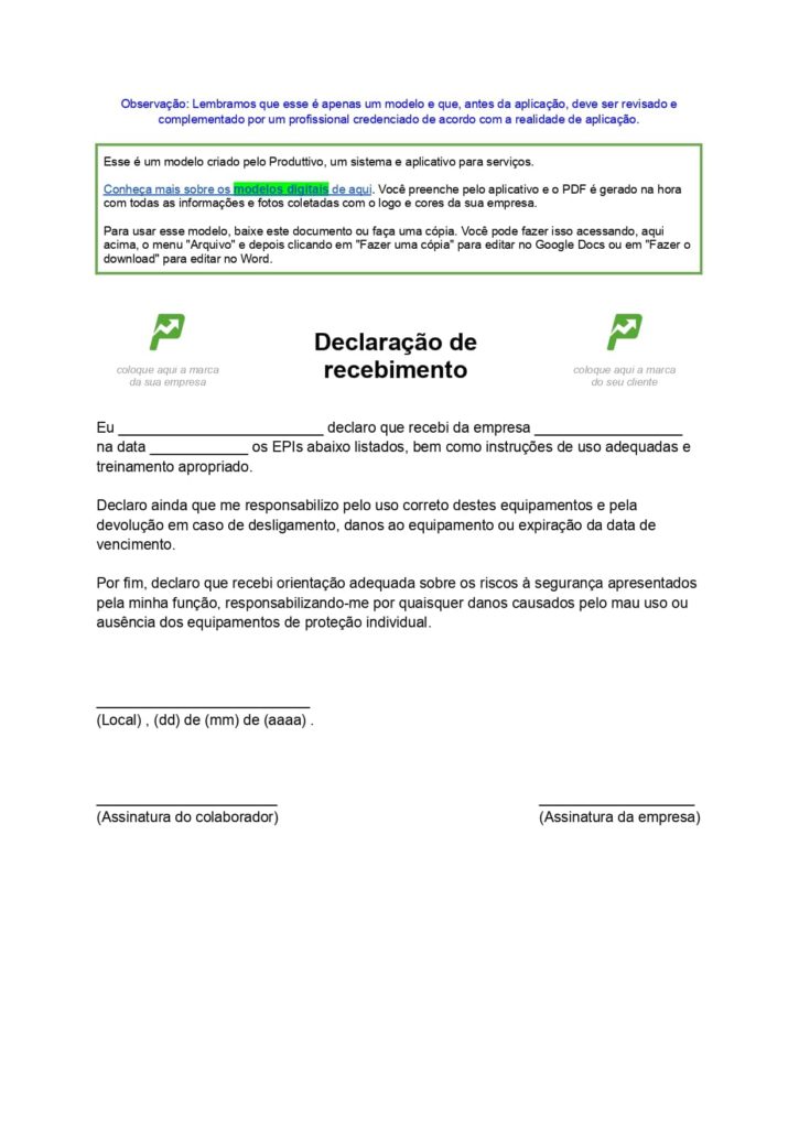 Modelo de declaração de recebimento de EPI em Word com campos para os dados do funcionário, data e assinaturas