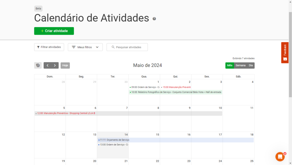 Visão calendário no sistema do Produttivo