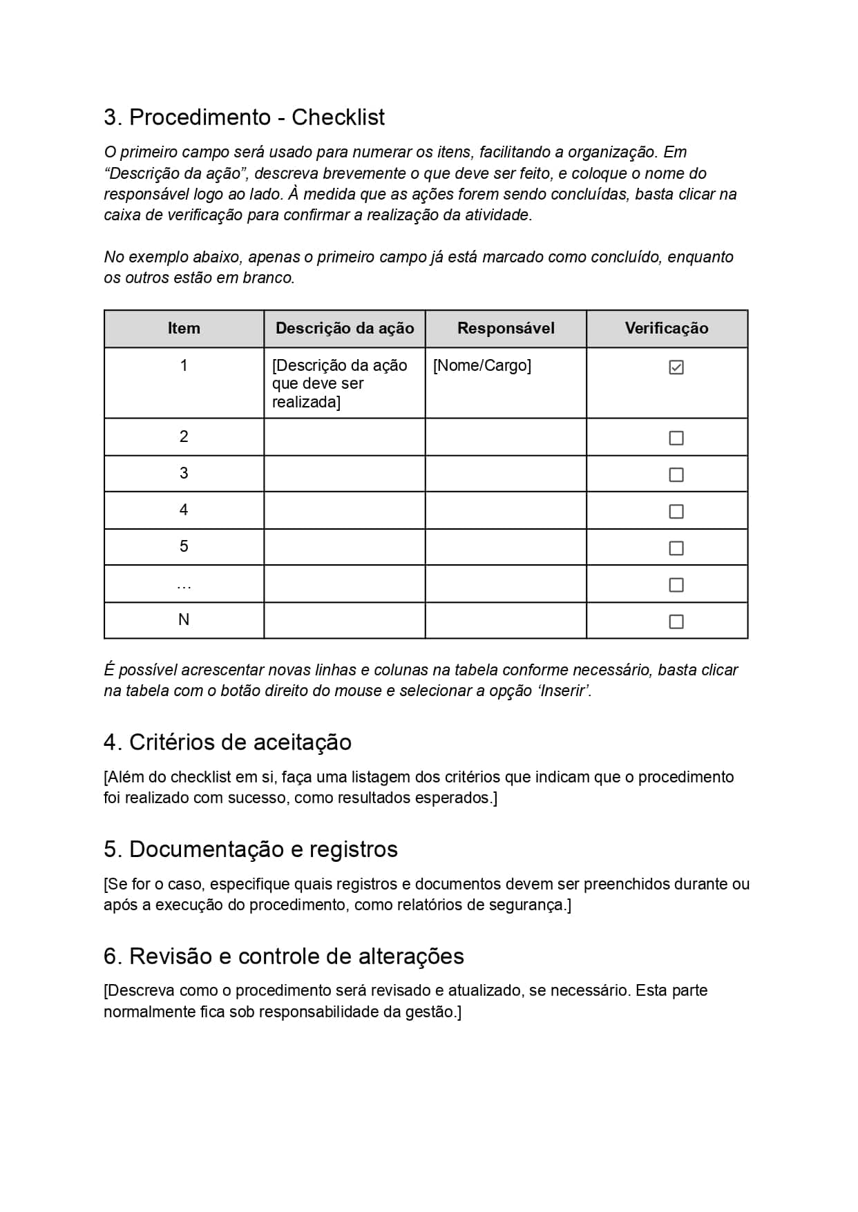 Imagem de um modelo de Procedimento Operacional Padrão em formao de checklist, em branco