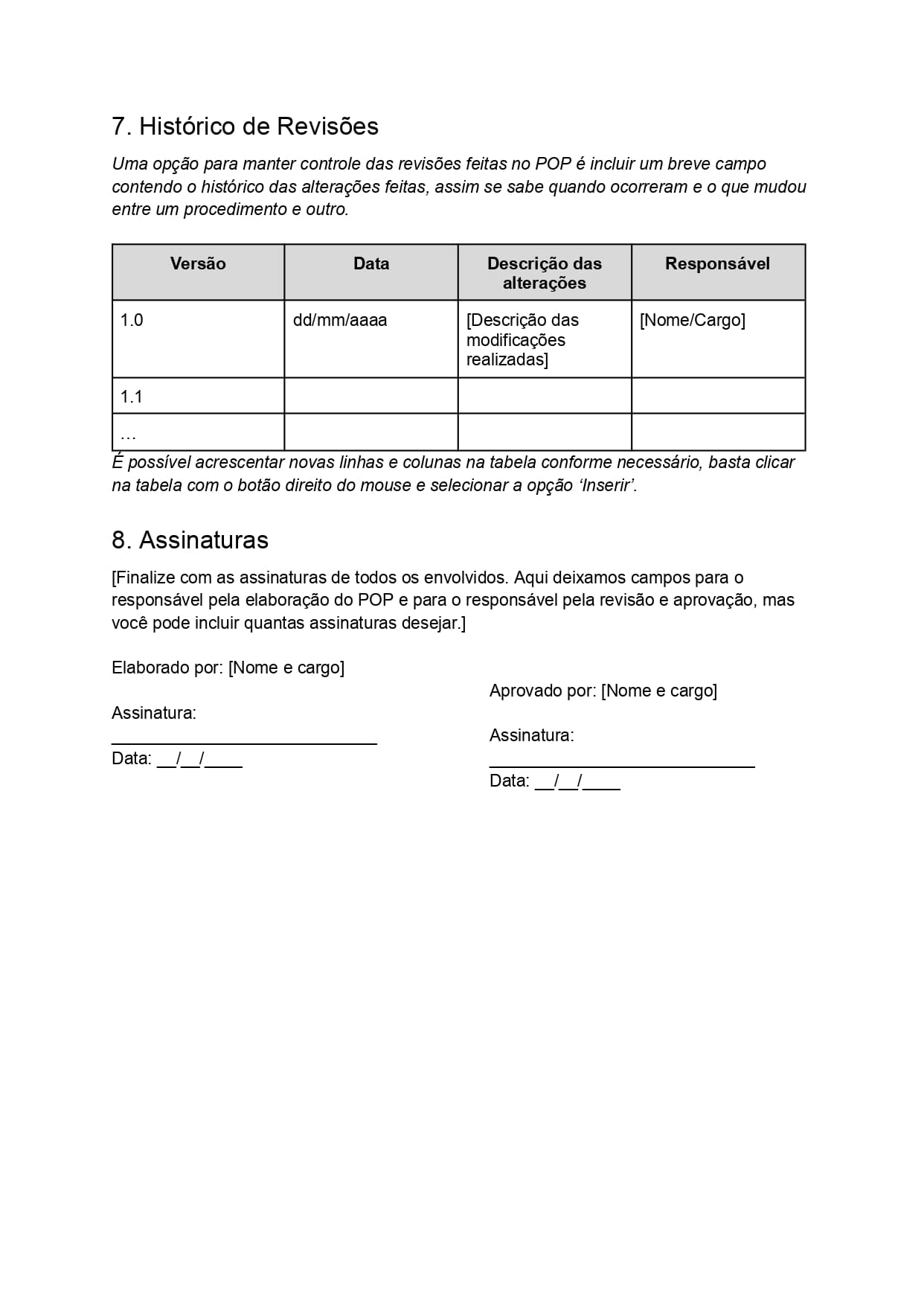 Imagem de um modelo de Procedimento Operacional Padrão em formao de checklist, em branco