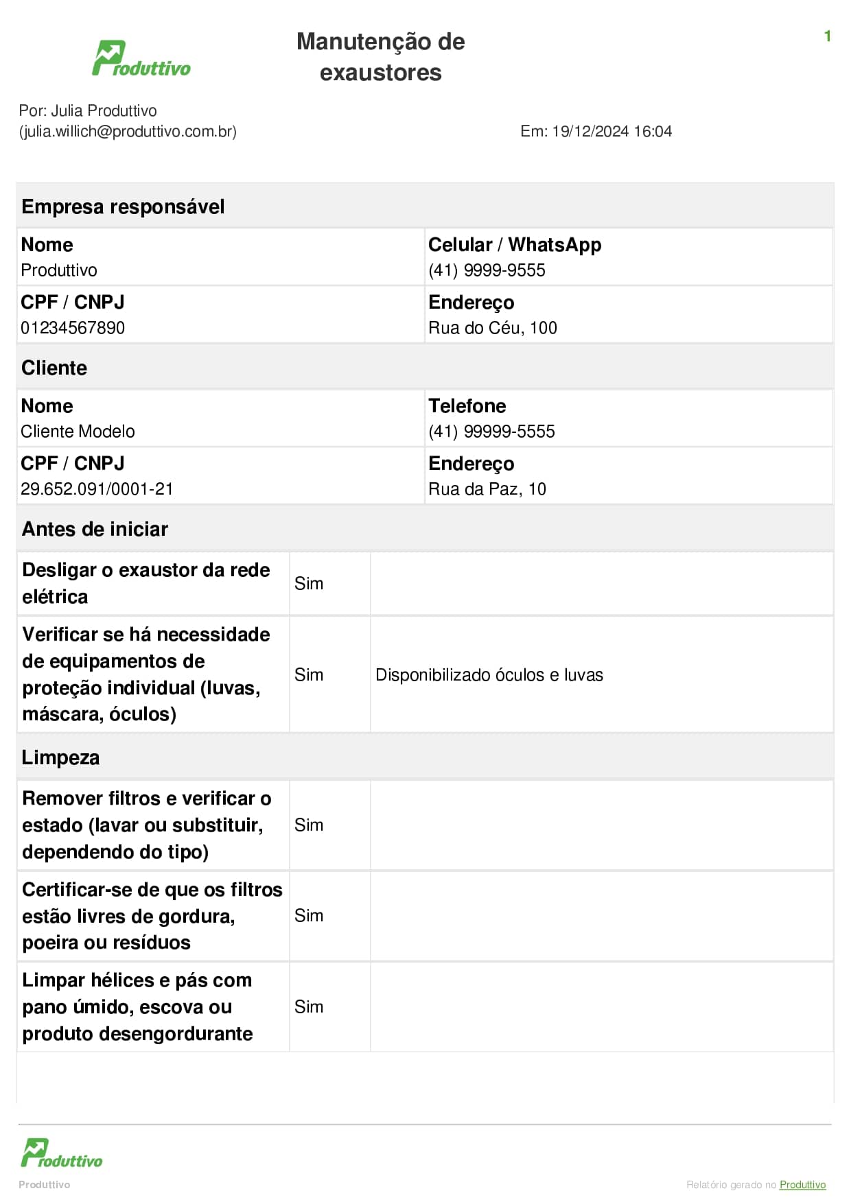 Primeira página de um modelo digital de checklist de manutenção de exaustores