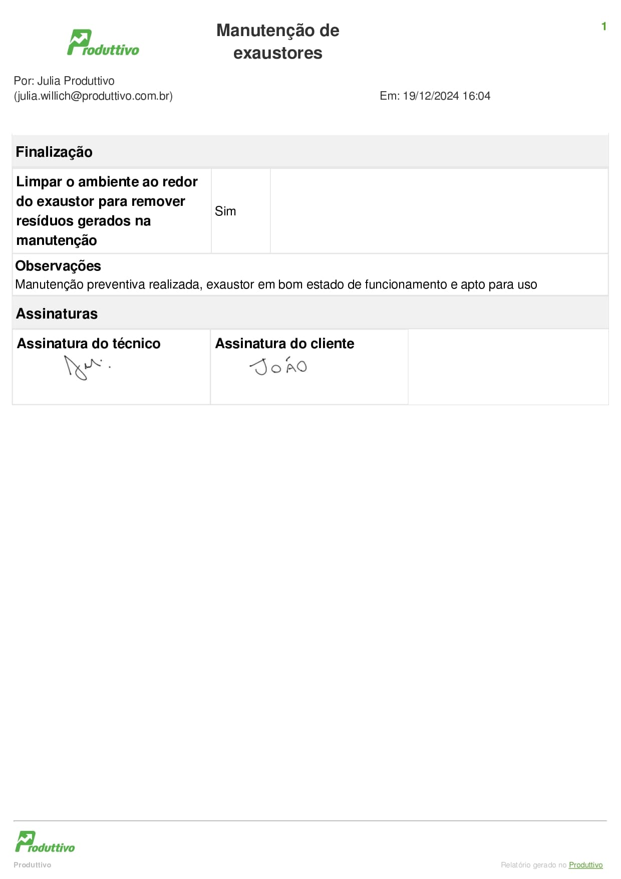 Quarta e última página de um modelo digital de checklist de manutenção de exaustores